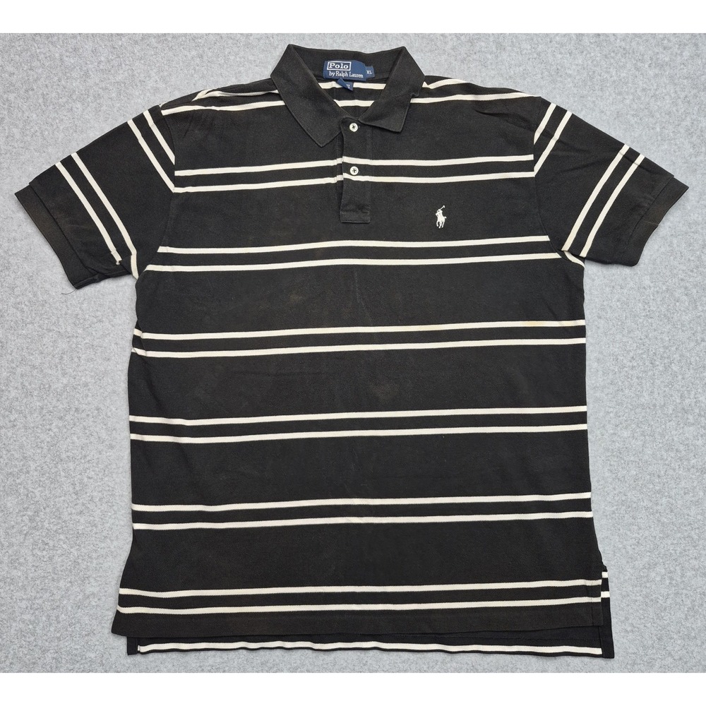 Polo Ralph Lauren Mens Polo Shirt XL Black White Striped Short Sleeve Cotton